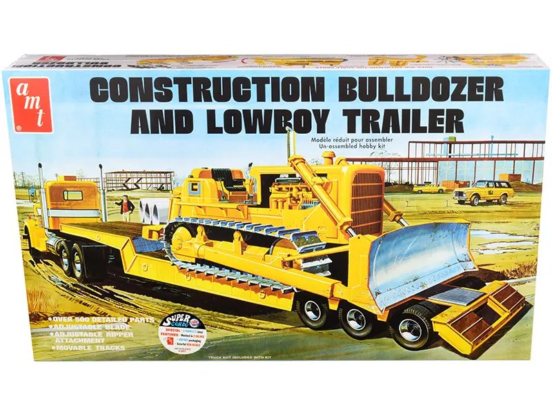AMT 1/25 Scale Skill 3 Bulldozer & Lowboy Trailer Model Kit Set – 2 Piece Construction