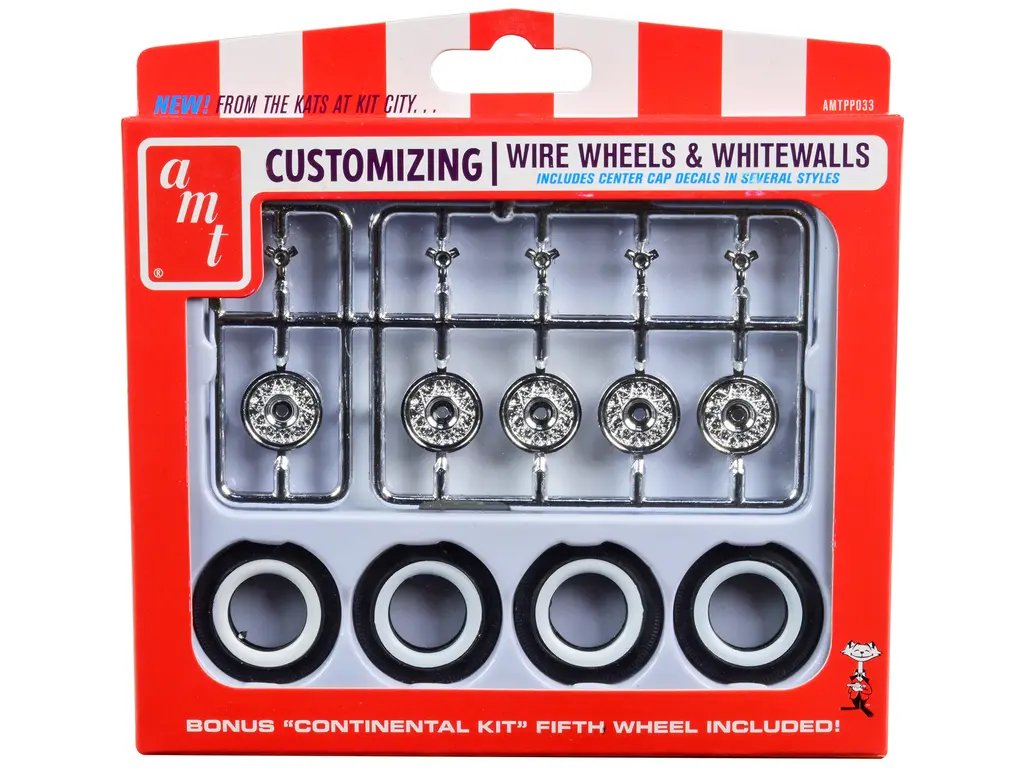 Diecast Model Cars wholesale toys dropshipper drop shipping Skill 2 Model Kit Wire Wheels Whitewall Tires Set 5 Pieces 1/25 Scale Models AMT AMTPP033 drop shipping wholesale drop ship drop shipper dropship dropshipping toys dropshipper diecast drop s Enhance Your 1/25 Scale Models with AMT's Skill 2 Wire Wheels & Whitewall Tires Set