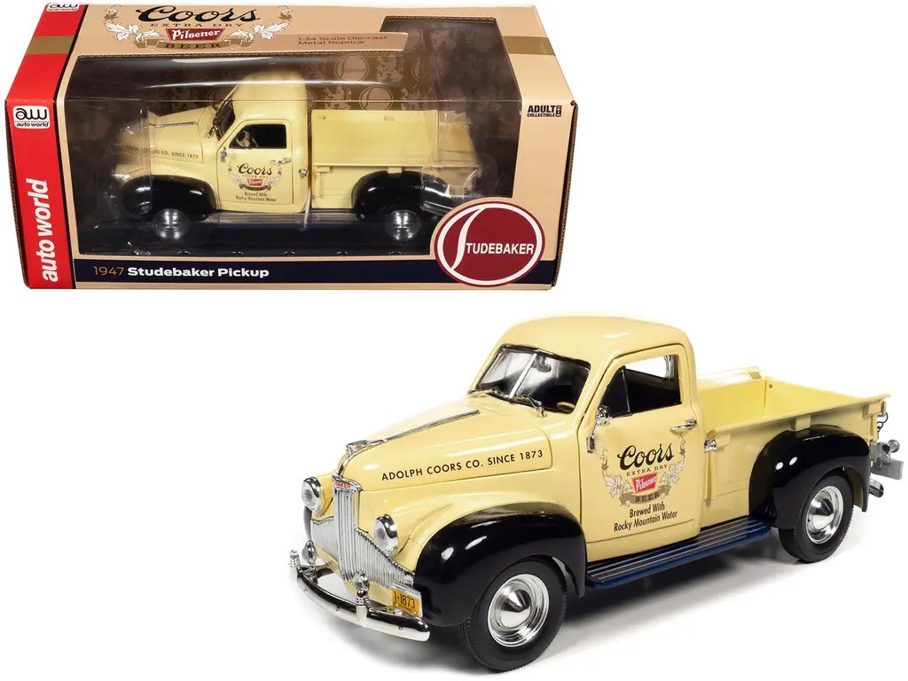 1947 Studebaker Pickup Truck Coors Pilsner 1/24 Diecast Model by Auto World – Cream & Black Collectible 4 1947 Studebaker Pickup Truck Coors Pilsner 1/24 Diecast Model by Auto World – Cream & Black Collectible - Image 4