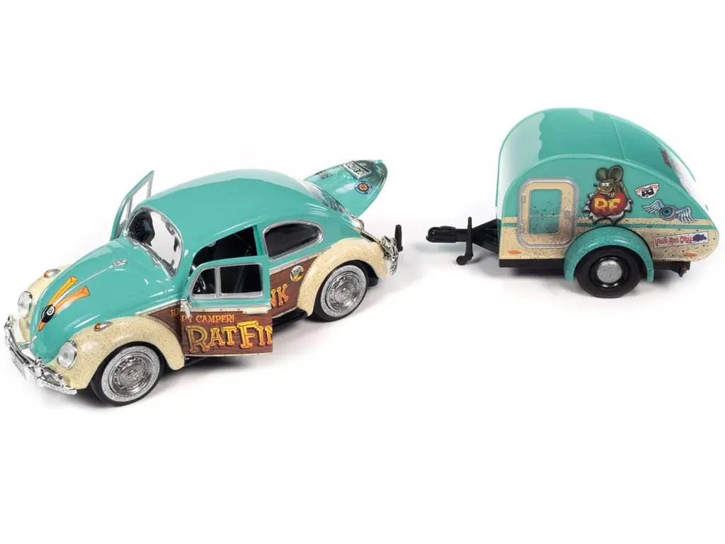1966 Volkswagen Beetle “Happy Camper Rat Fink” with Tear Drop Trailer Light Blue (Dirty Version) and Rat Fink Figure 1/24 Diecast Model Car by Auto World