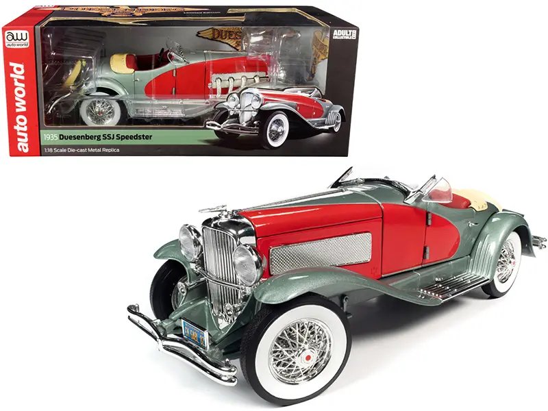 1935 Duesenberg SSJ Speedster 1/18 Diecast Model Car – Green Metallic & Red by Auto World