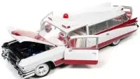 1959 Cadillac Eldorado Ambulance 1/18 Diecast Model by Auto World - Red & White Collectible