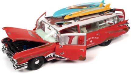 1959 Cadillac Eldorado Ambulance Diecast Model - Malibu Beach Rescue Edition with Surfboards