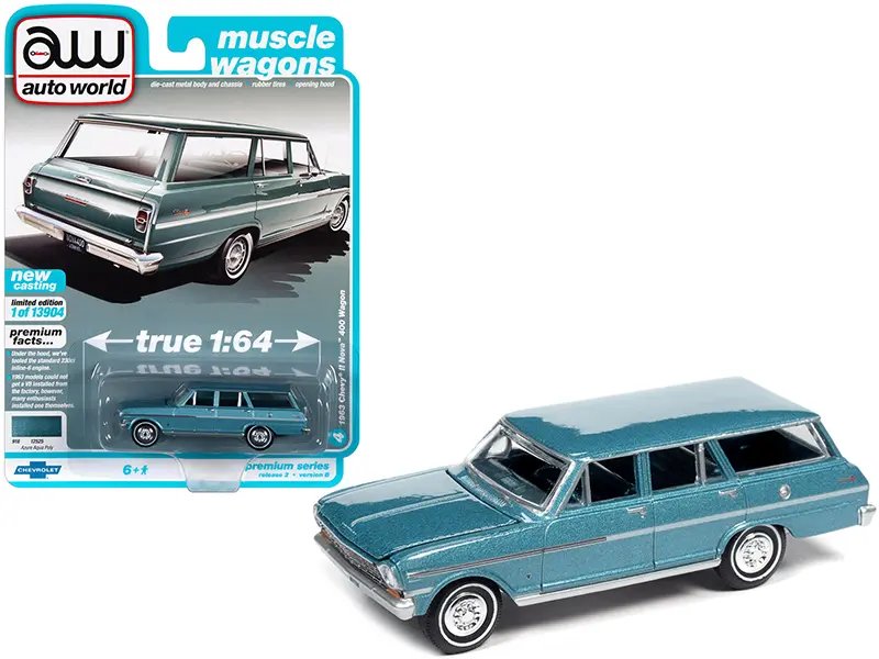 1963 Chevrolet II Nova 400 Station Wagon Azure Aqua Blue Metallic 1/64 Diecast Model by Auto World – Limited Edition