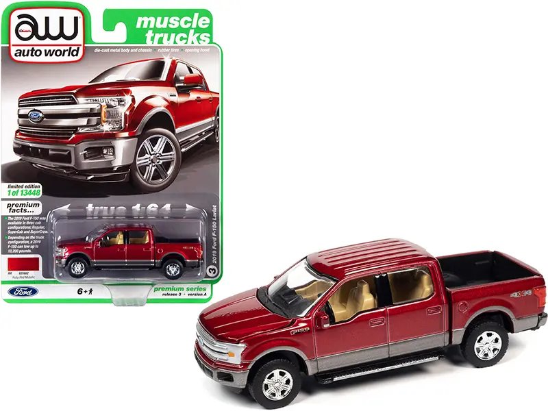 2019 Ford F-150 Lariat 4×4 Pickup Truck Ruby Red Metallic and Magnetic Gray “Muscle Trucks” Limited Edition to 13448 pieces Worldwide 1/64 Diecast Model Car by Auto World