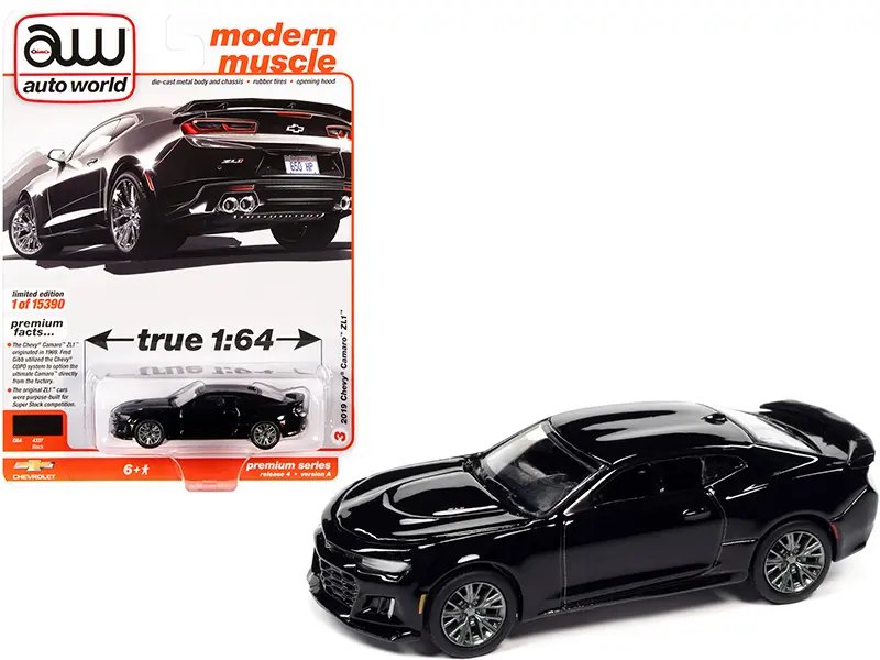 2019 Chevrolet Camaro ZL1 Gloss Black “Modern Muscle” Limited Edition to 15390 pieces Worldwide 1/64 Diecast Model Car by Auto World