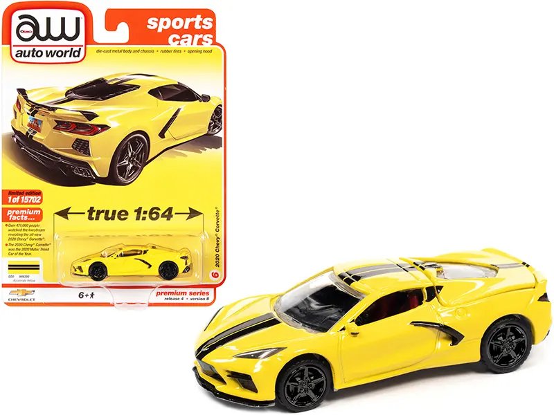 Diecast Model Cars wholesale toys dropshipper drop shipping 2020 Chevrolet Corvette C8 Stingray Accelerate Yellow Twin Black Stripes Sports Cars Limited Edition 15702 pieces Worldwide 1/64 Auto World 64332-AWSP084 B drop shipping wholesale drop ship 2020 Chevrolet Corvette C8 Stingray Accelerate Yellow 1/64 Diecast Model Car - Limited Edition by Auto World