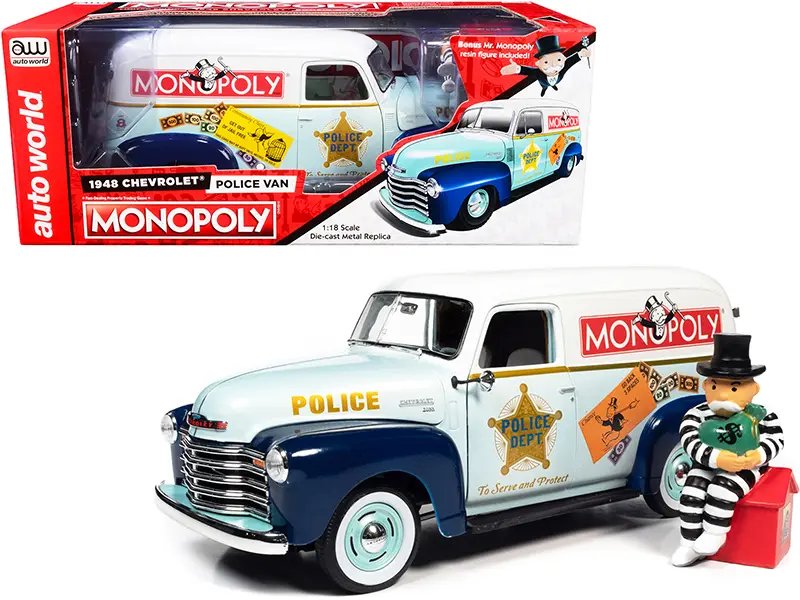 1948 Chevrolet Panel Police Van with Mr. Monopoly Figurine “Monopoly” 1/18 Diecast Model Car by Auto World
