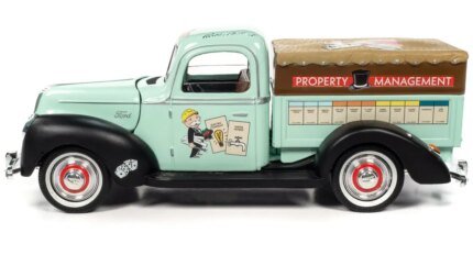 1940 Ford Pickup Truck 'Property Management' Light Green 1/18 Diecast Model with Mr. Monopoly Figure by Auto World
