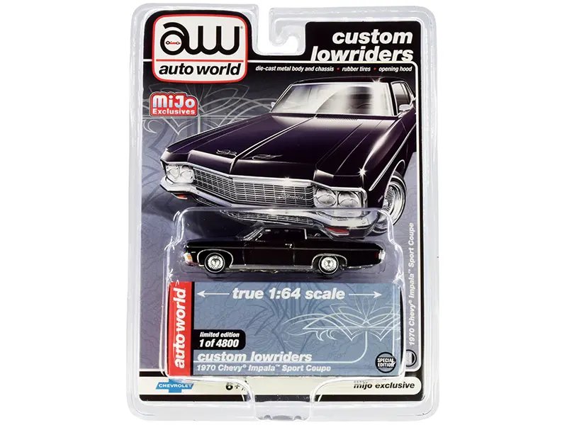 Limited Edition 1970 Chevrolet Impala Sport Coupe Black Lowrider 1/64 Diecast by Auto World
