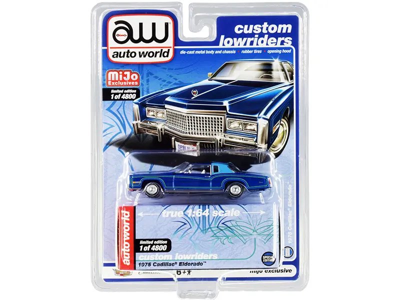 Limited Edition 1975 Cadillac Eldorado 1/64 Diecast Model – Dark Blue Metallic Lowrider by Auto World