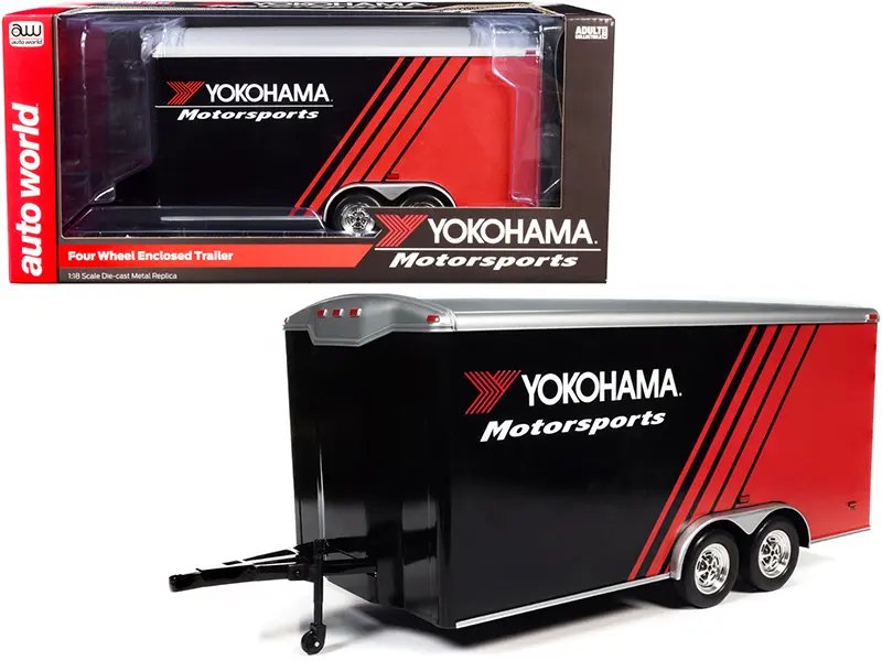 Four Wheel Enclosed Car Trailer “Yokohama Motorsports” Black and Red for 1/18 Scale Model Cars by Auto World