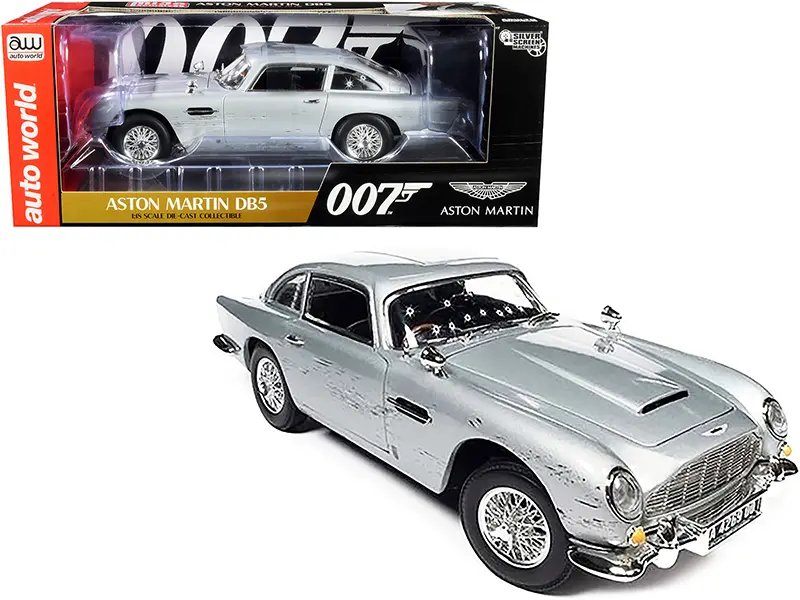 James Bond Aston Martin DB5 Damaged Version 1/18 Diecast Model – No Time to Die Silver Birch by Auto World