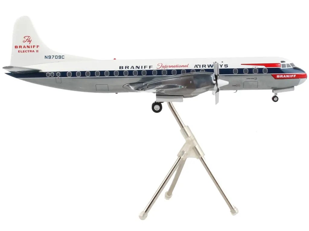 GeminiJets 1/200 Diecast Lockheed L-188 Electra Braniff Airways Model – White & Blue
