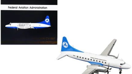 GeminiJets 1/200 Convair CV-580 FAA Diecast Model Airplane - White & Blue Tail
