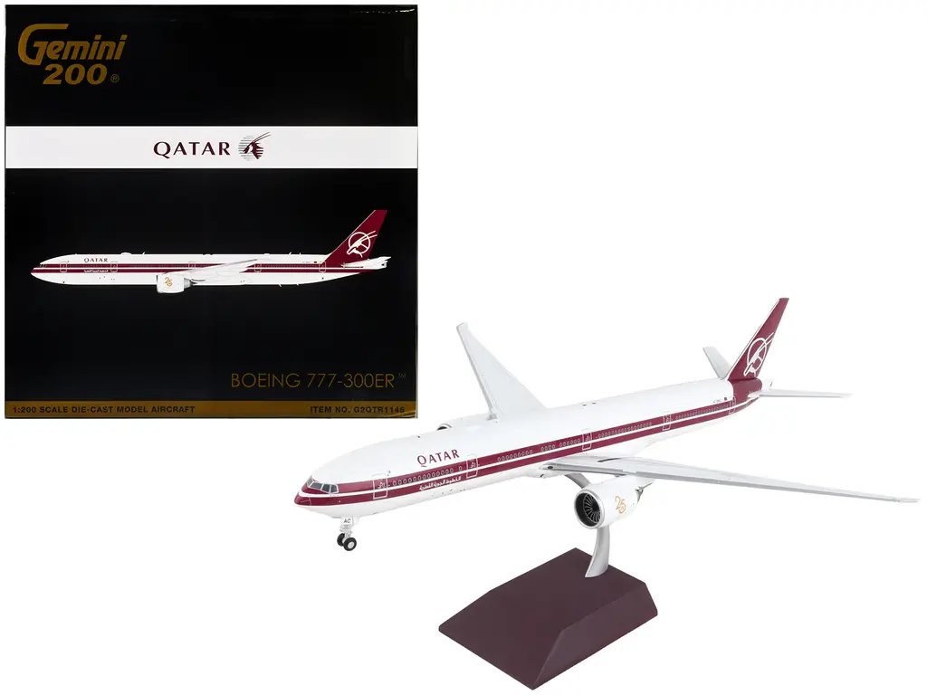 GeminiJets 1/200 Diecast Model: Qatar Airways Boeing 777-300ER with Dark Red Stripes