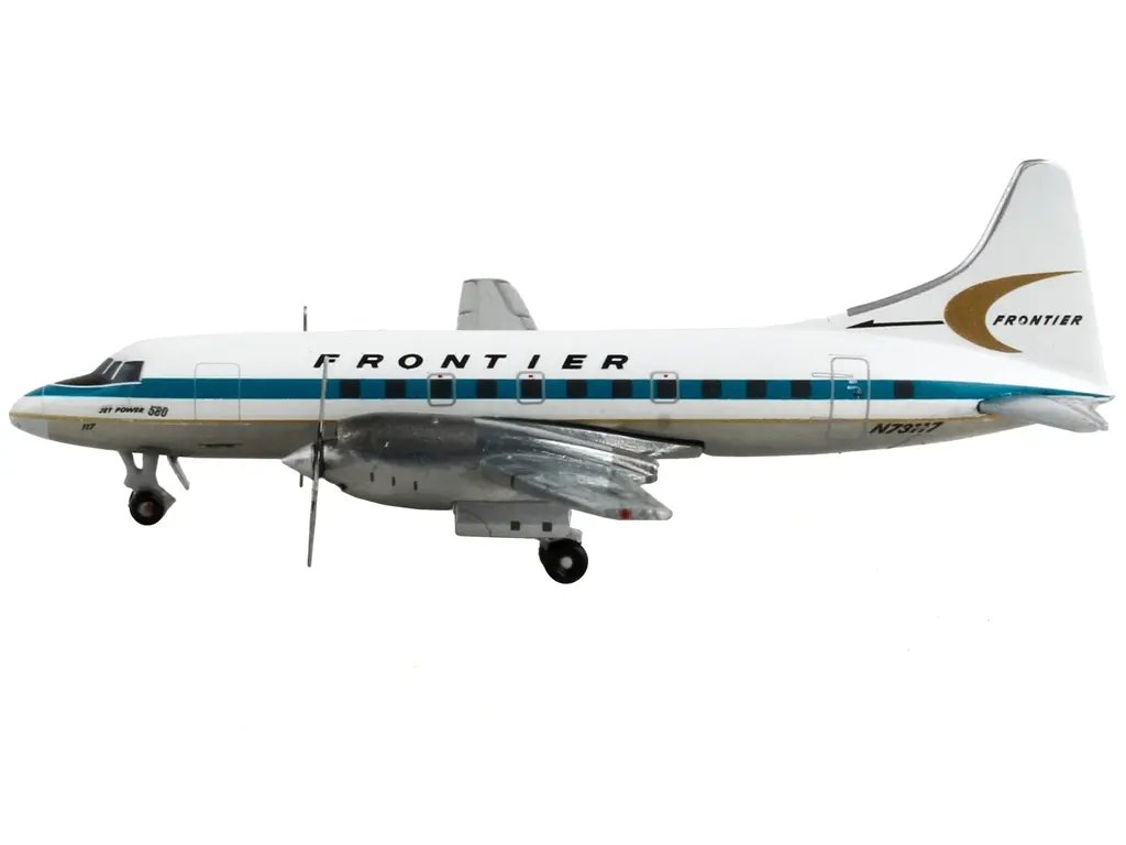 GeminiJets 1/400 Convair CV-580 Frontier Airlines Diecast Model – White with Teal Stripes