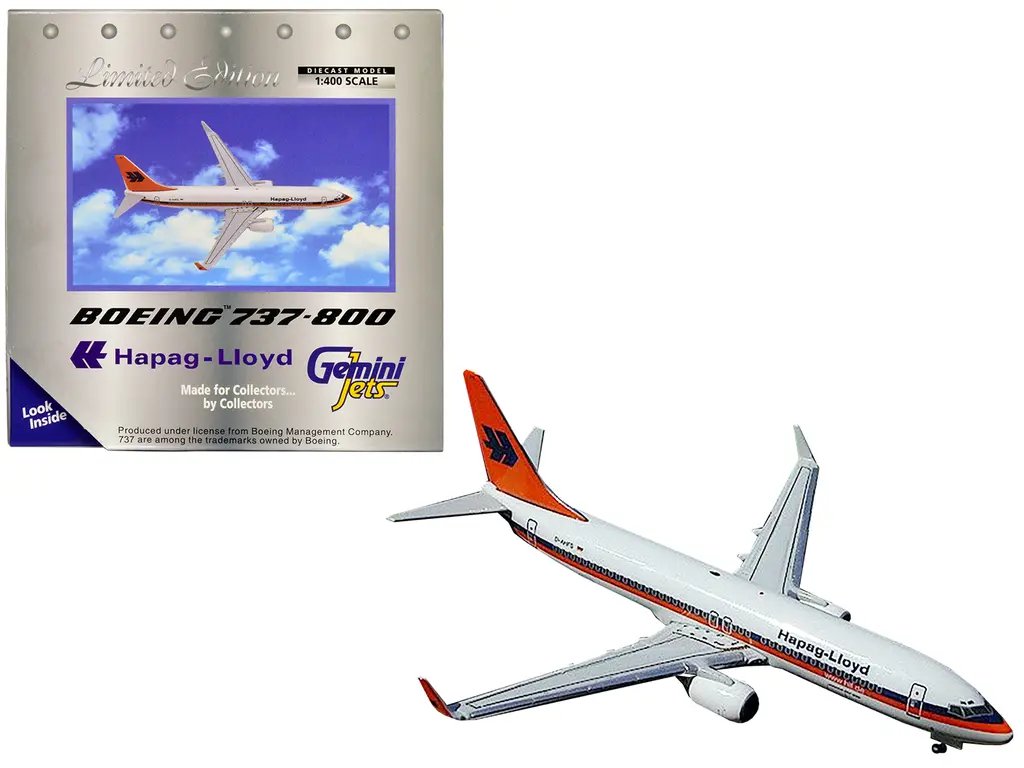 GeminiJets 1/400 Diecast Boeing 737-800 Hapag-Lloyd Model: White with Orange & Blue Stripes