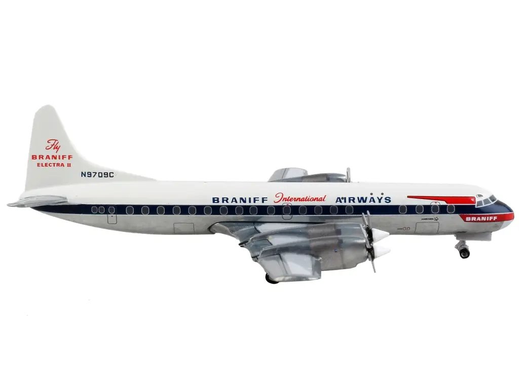 GeminiJets 1/400 Diecast Lockheed L-188 Electra Braniff Airways Model – White & Blue