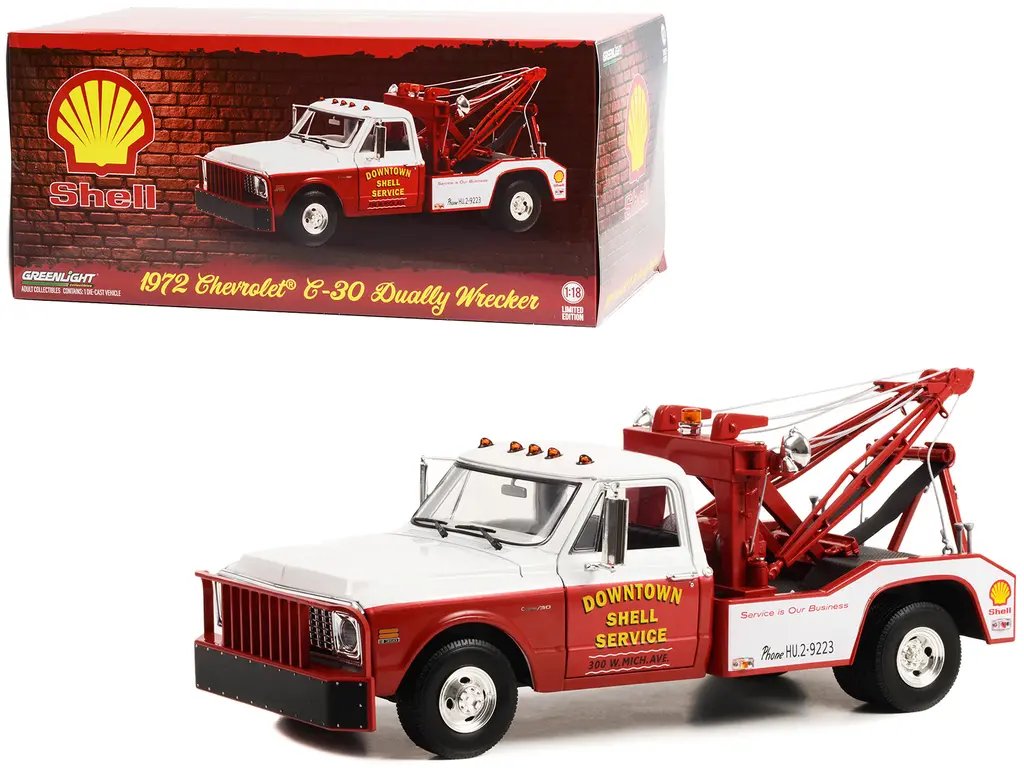 Diecast Model Cars wholesale toys dropshipper drop shipping 1972 Chevrolet C 30 Dually Wrecker Tow Truck Downtown Shell Service Service is Our Business White and Red 1/18 Greenlight 13654 drop shipping wholesale drop ship drop shipper dropship dropsh 1972 Chevrolet C-30 Dually Wrecker Tow Truck Diecast Model - Downtown Shell Service 1/18 by Greenlight