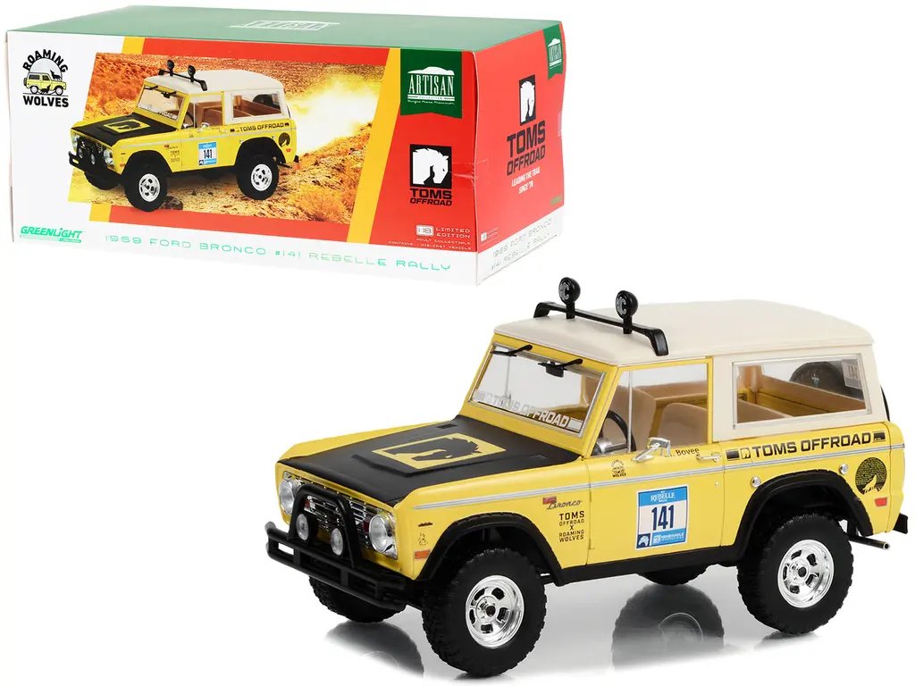 1969 Ford Bronco #141 Rebelle Rally 1/18 Diecast Model by Greenlight – Toms Offroad x Roaming Wolves Artisan Collection