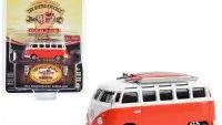Vintage 1964 Volkswagen Samba Bus in Orange & White with Surfboards - The Busted Knuckle Garage Service