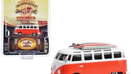 Vintage 1964 Volkswagen Samba Bus in Orange & White with Surfboards - The Busted Knuckle Garage Service