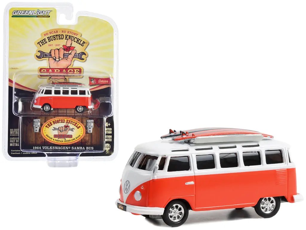 Vintage 1964 Volkswagen Samba Bus in Orange & White with Surfboards – The Busted Knuckle Garage Service