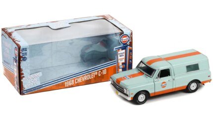 1968 Chevrolet C-10 Gulf Oil Diecast Truck 1/24 by Greenlight – Light Blue with Orange Stripes & Camper Shell