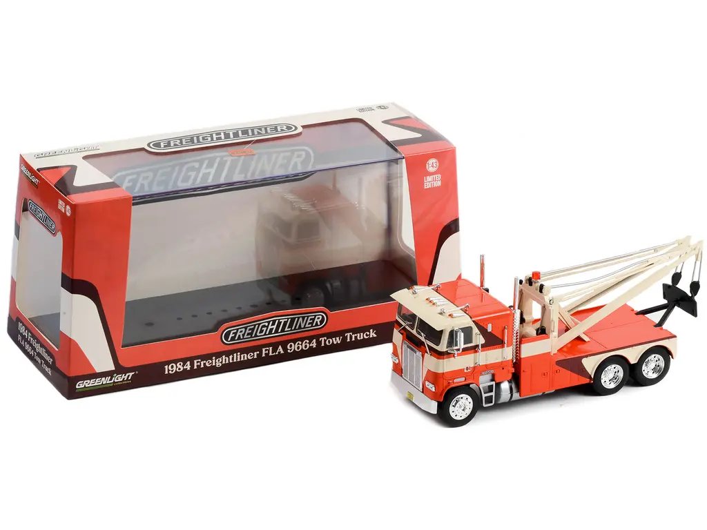1984 Freightliner FLA 9664 Tow Truck Diecast Model 1/43 – Orange & White by Greenlight