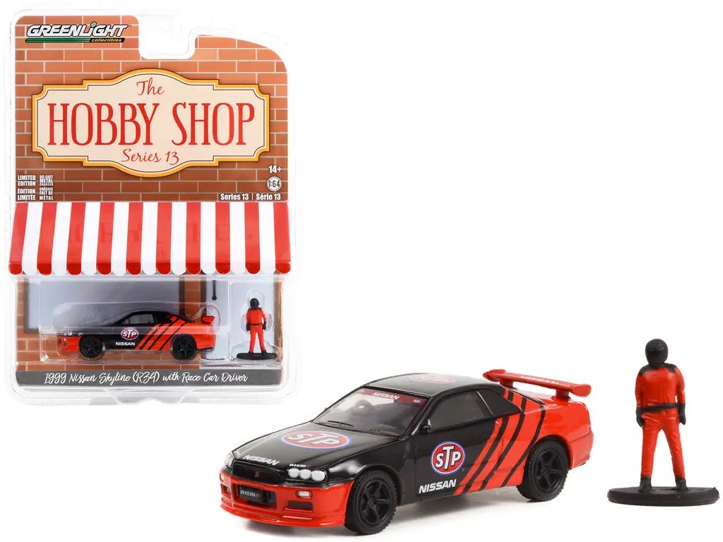 1999 Nissan Skyline R34 RHD Black & Red STP Race Car 1/64 Diecast Model – Greenlight Hobby Shop Series 13