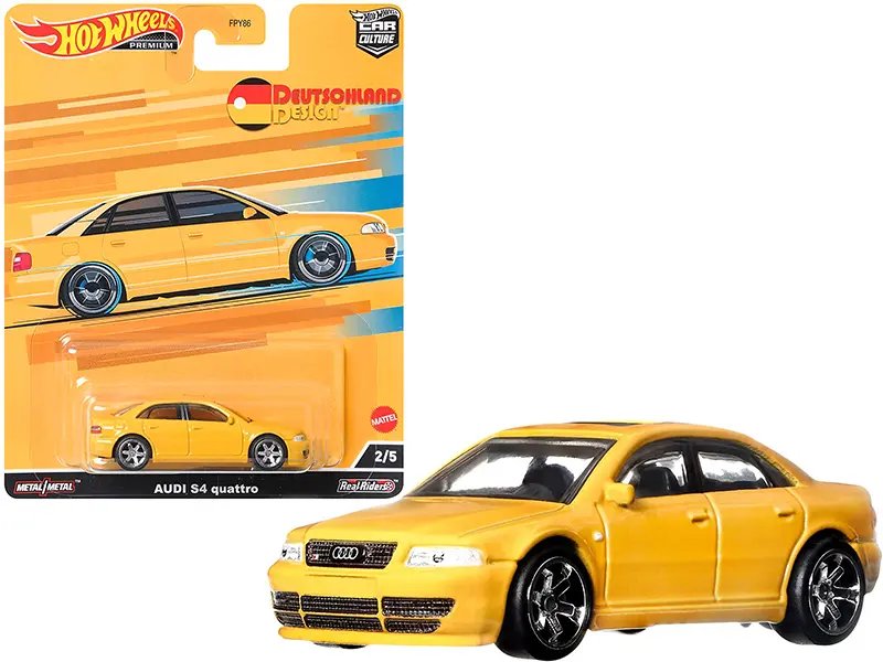 Hot Wheels Audi S4 Quattro Diecast Model Car – Yellow Deutschland Design with Sunroof