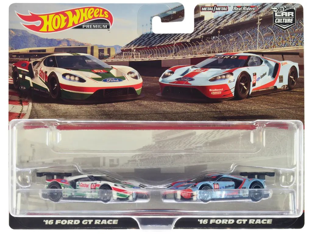 Hot Wheels 2016 Ford GT Race Diecast Set: #67 White/Green/Red & #69 Blue/Orange