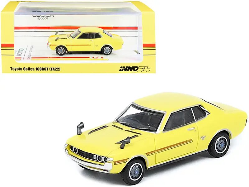 Toyota Celica 1600GT TA22 RHD Yellow with Red Stripes 1/64 Diecast Model by Inno Models