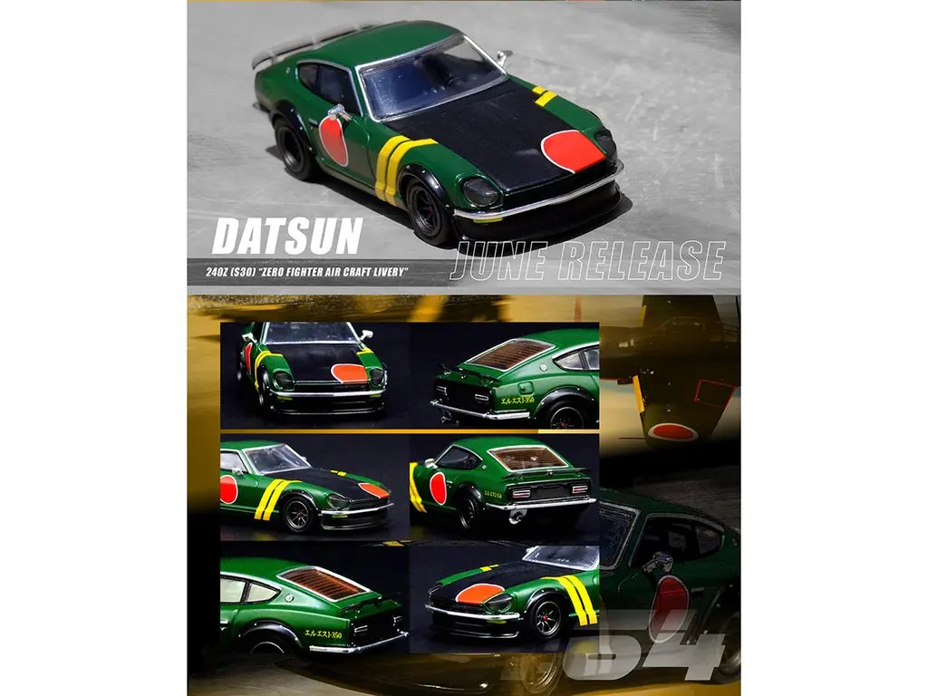 Datsun 240Z Zero Fighter Livery 1/64 Diecast Model Car by Inno Models – Matt Green with Yellow Stripes