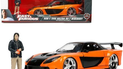 1995 Mazda RX-7 Widebody RHD (Right Hand Drive) Orange Metallic and Black with Han Diecast Figurine "The Fast and the Furious: Tokyo Drift" (2006) Movie 1/24 Diecast Model Car by Jada