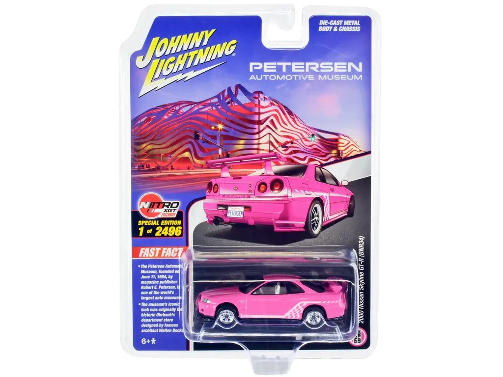 Diecast Model Cars wholesale toys dropshipper drop shipping 2000 Nissan Skyline GT R BNR34 RHD Right Hand Drive Pink with White Graphics and Interior Petersen Automotive Museum Limited Edition to 2496 pieces Worldwide 1/64 Johnny Lightning JLCP7410 d Limited Edition 2000 Nissan Skyline GT-R BNR34 1/64 Diecast Model - Pink with White Graphics by Johnny Lightning