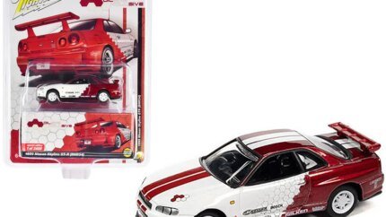Limited Edition 1999 Nissan Skyline GT-R BNR34 1/64 Diecast Model - Exclusive Red Metallic & White Graphics by Johnny Lightning