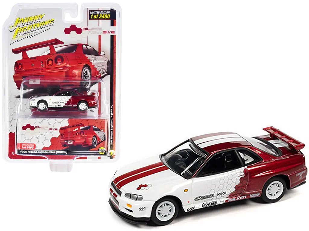 Limited Edition 1999 Nissan Skyline GT-R BNR34 1/64 Diecast Model – Exclusive Red Metallic & White Graphics by Johnny Lightning