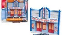 1958 Chevrolet Corvette Convertible Blue and Resin Movie Theater Facade "Double Feature Night" 1/64 Diecast Model by Johnny Lightning