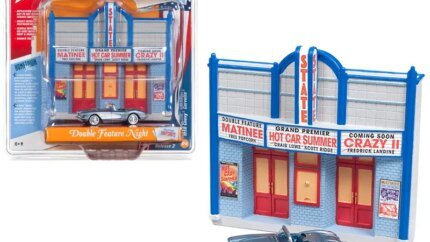 1958 Chevrolet Corvette Convertible Blue and Resin Movie Theater Facade "Double Feature Night" 1/64 Diecast Model by Johnny Lightning