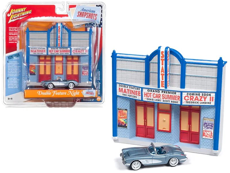 1958 Chevrolet Corvette Convertible Blue and Resin Movie Theater Facade “Double Feature Night” 1/64 Diecast Model by Johnny Lightning