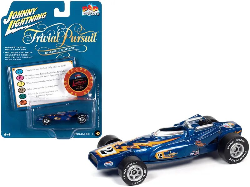 Johnny Lightning Special Blue Metallic 1/64 Diecast Car with Poker Chip & Trivial Pursuit Card – Pop Culture Series