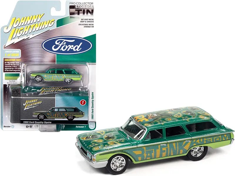 1960 Ford Country Squire “Rat Fink” Kustom 1/64 Diecast Model Car by Johnny Lightning – Limited Edition Collectible with Tin