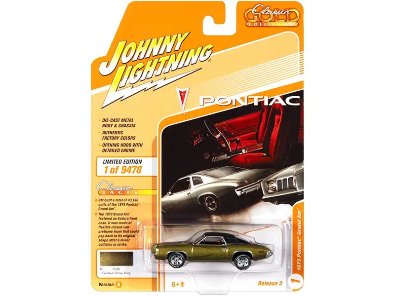 1973 Pontiac Grand Am Golden Olive Green Metallic with Black Vinyl Top “Classic Gold Collection” Series Limited Edition to 9478 pieces Worldwide 1/64 Diecast Model Car by Johnny Lightning