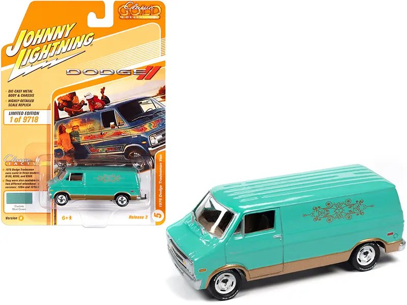 1976 Dodge Tradesman Van Custom Mint Green and Gold with Graphics “Classic Gold Collection” Series Limited Edition to 9718 pieces Worldwide 1/64 Diecast Model Car by Johnny Lightning