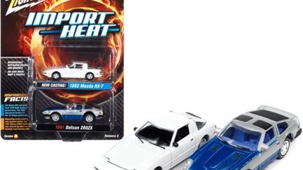 1982 Mazda RX-7 White and 1981 Datsun 280ZX Blue and Silver "Import Heat" Set of 2 Cars 1/64 Diecast Model Cars by Johnny Lightning