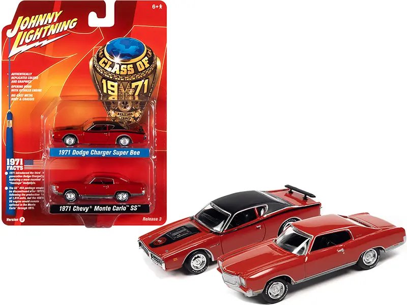 1971 Dodge Charger Super Bee Red with Black Top and 1971 Chevrolet Monte Carlo SS Cranberry Red “Class of 1971” Set of 2 Cars 1/64 Diecast Model Cars by Johnny Lightning