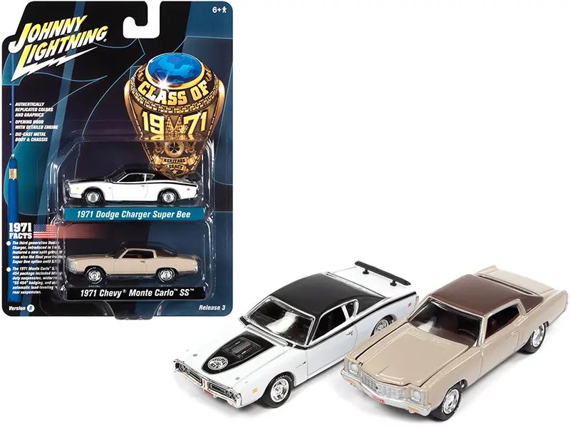 1971 Dodge Charger Super Bee White and 1971 Chevrolet Monte Carlo SS Sandalwood Brown “Class of 1971” Set of 2 Cars 1/64 Diecast Model Cars by Johnny Lightning