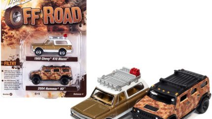 1969 Chevy K10 Blazer & 2004 Hummer H2 Diecast Set 1/64 by Johnny Lightning – Gold Metallic & Camouflage Off-Road Models
